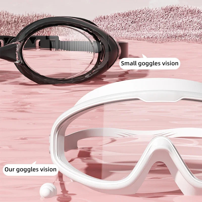 Anti-Fog Wide View Swimming Goggles – UV Protection & Earplugs Included